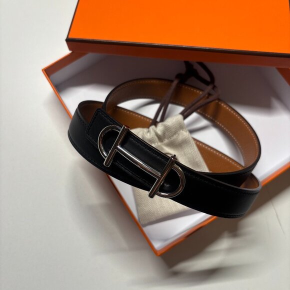Hermès Reversible Leather D-Ring Belt Black / Brown Silver Hardware Size 80 main image 4